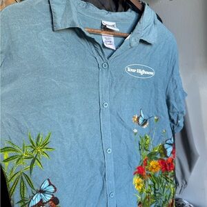 Women's Blue Butterfly and flower Button Down Shirt